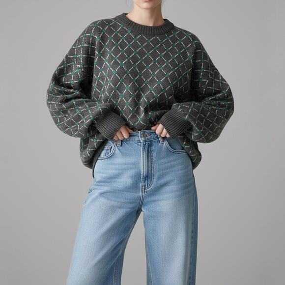 90s Wool Blend Grunge Geometric Retro Sweater Streetwear Minimalist Crewneck L - Picture 1 of 9